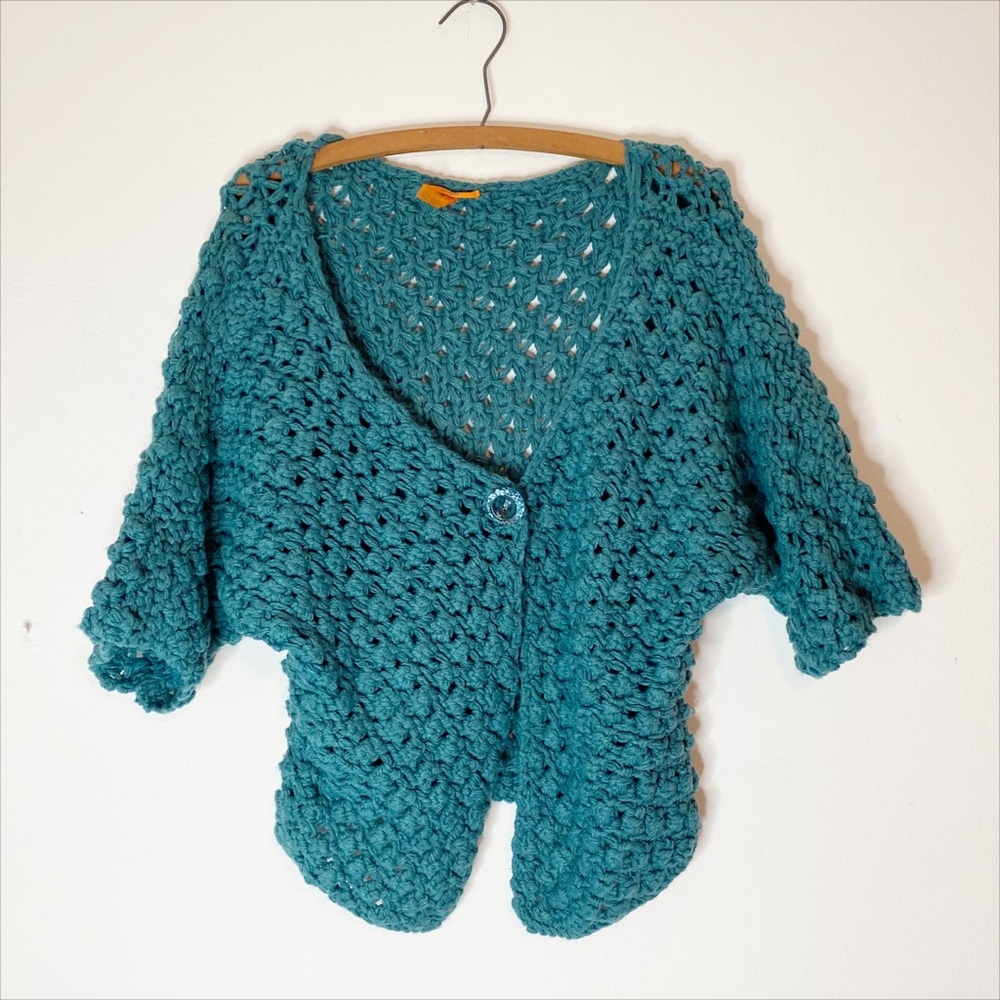 Women's Anama Teal Heavy Crochet Crop Cardigan L